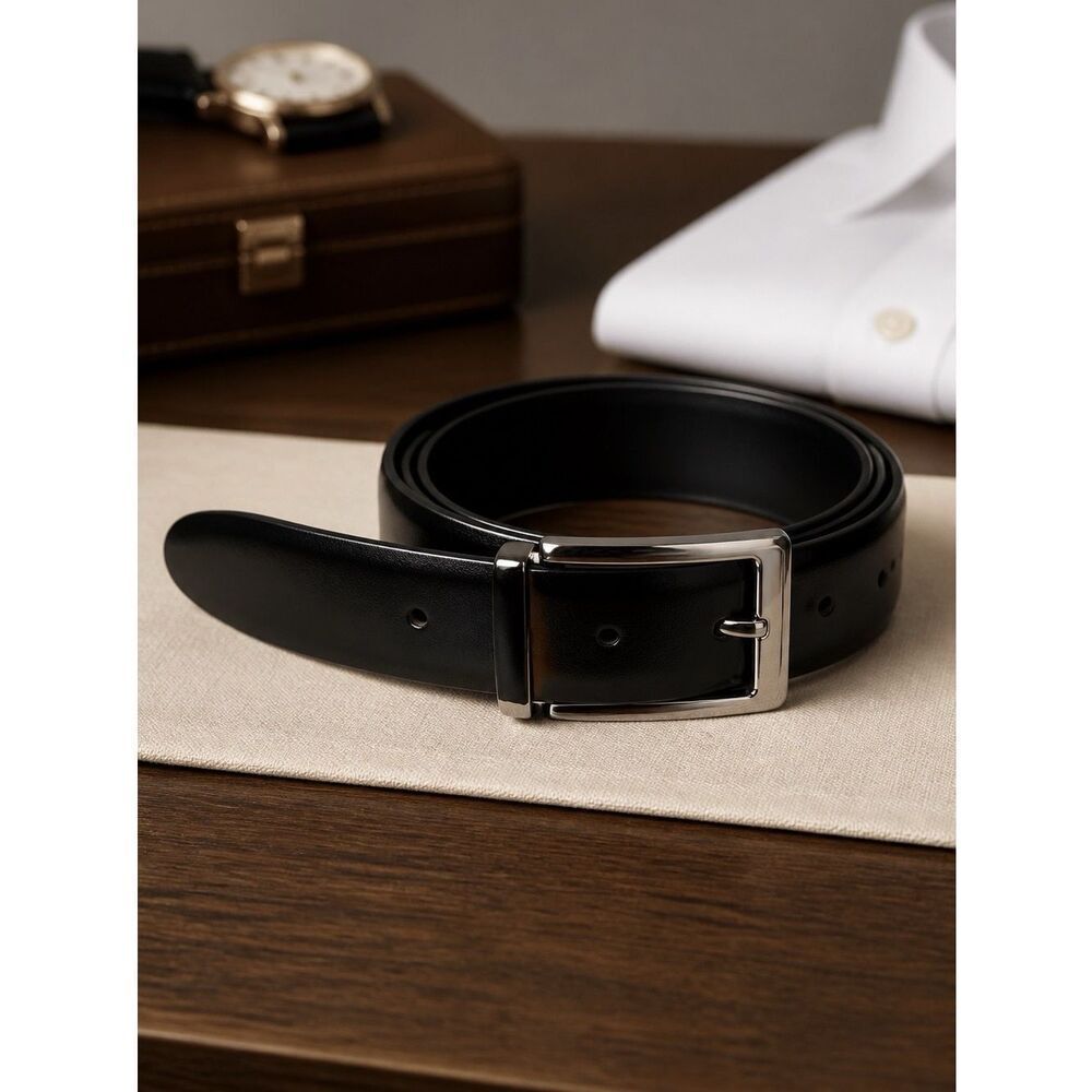 Black Leather Belt with Silver Buckle Size 34